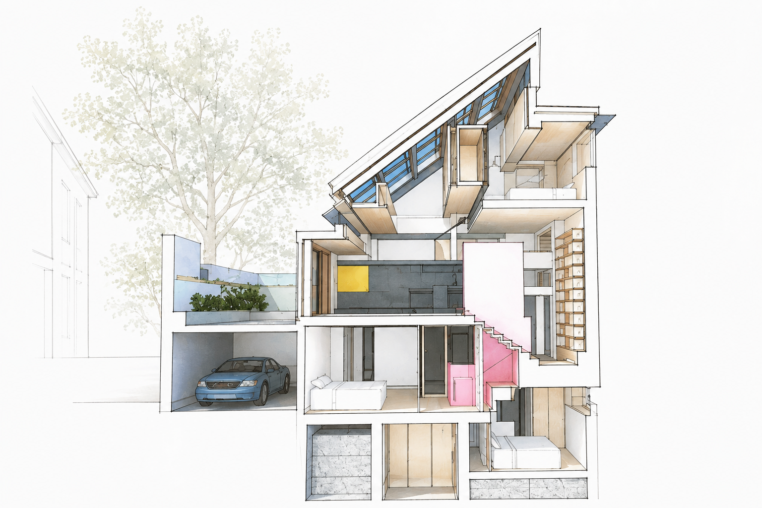 Rysunkowy projekt architektoniczny — przekrój domu